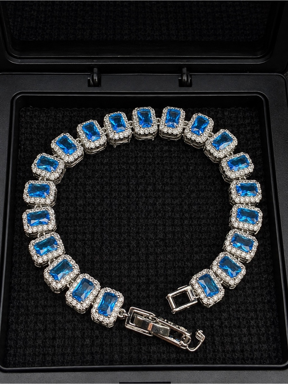 Blue Crystal Halo Tennis Bracelet - Silver Tone